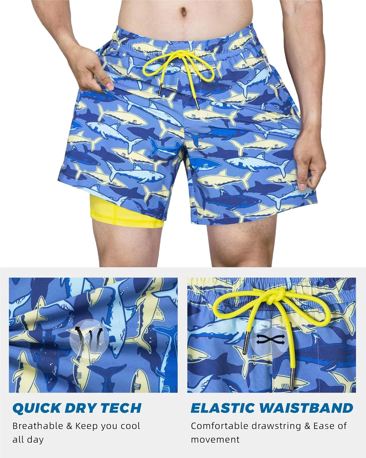 SURF CUZ Mens Swim Trunks with Compression Liner 5" Swim Shorts Quick Dry Bathing Suit Swimming Trunks Zipper Pockets