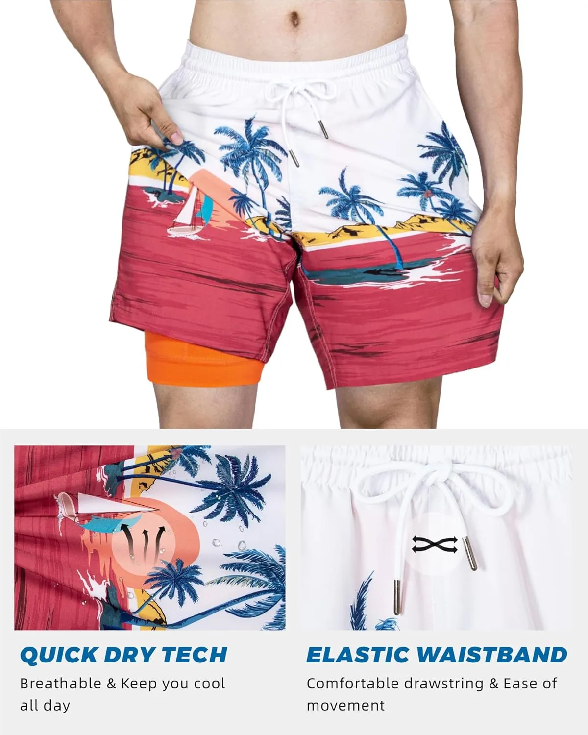 SURF CUZ Mens Swim Trunks with Compression Liner Swim Shorts 7" Swimming Trunks Stretch 7 Inch Swim Suits Quick Dry