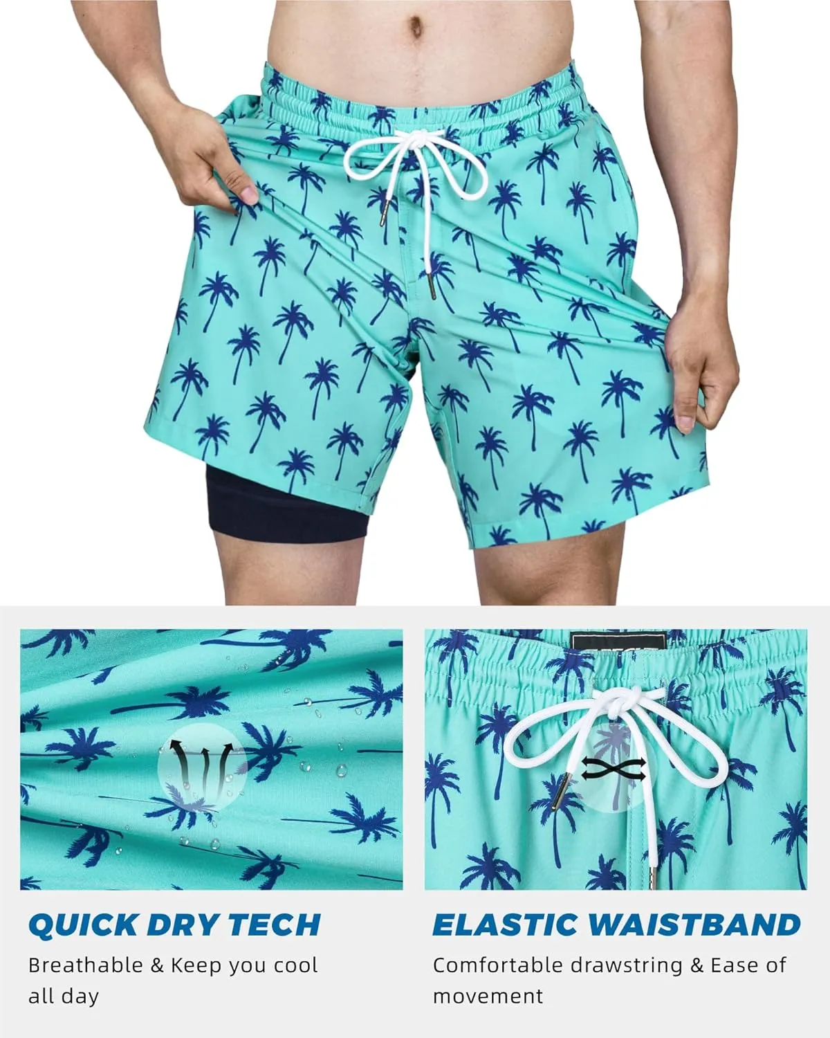 SURF CUZ Mens Swim Trunks with Compression Liner Swim Shorts 7" Swimming Trunks Stretch 7 Inch Swim Suits Quick Dry