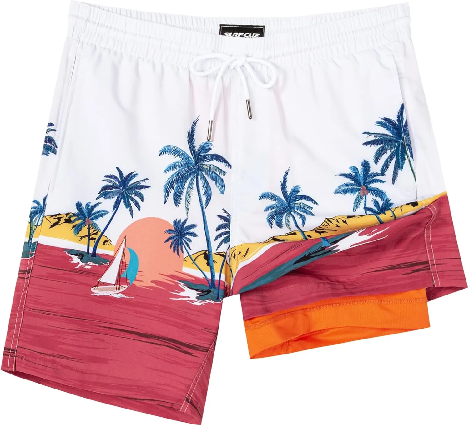 SURF CUZ Mens Swim Trunks with Compression Liner Swim Shorts 7" Swimming Trunks Stretch 7 Inch Swim Suits Quick Dry