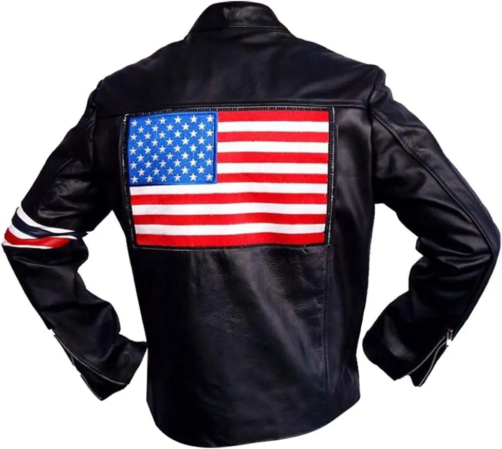 The Jasperz Peter Fonda Easy Rider Americn star biker Sheep leather jacket with USA Flag,XXS-3XL