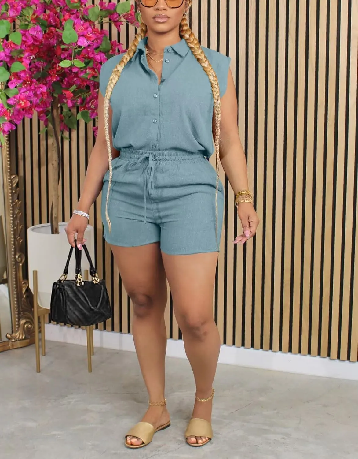 ThusFar Women 2 Piece Shorts Sets Button Down Cap Sleeve Drawstring Resort Wear Outfits Summer Matching Sets Tracksuits