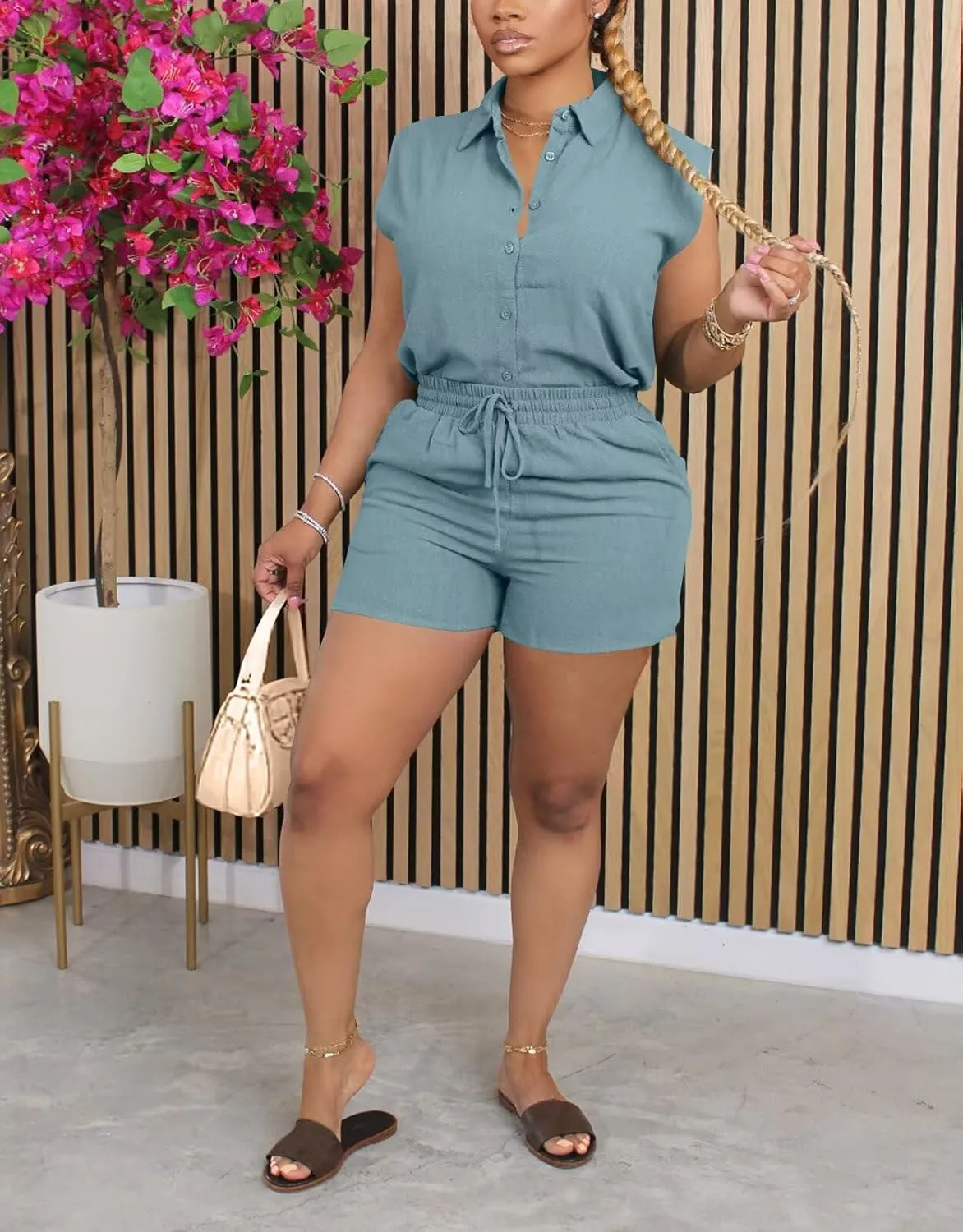 ThusFar Women 2 Piece Shorts Sets Button Down Cap Sleeve Drawstring Resort Wear Outfits Summer Matching Sets Tracksuits