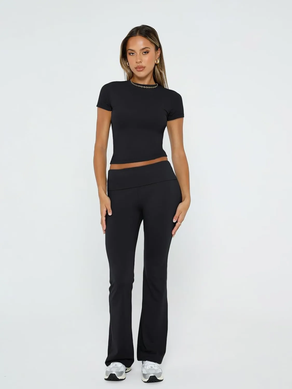 Trendy Queen Lounge Sets For Women 2 Piece Casual Y2K Outfits Short Sleeve Cropped Tops Fold Over Flare Pants Tracksuits