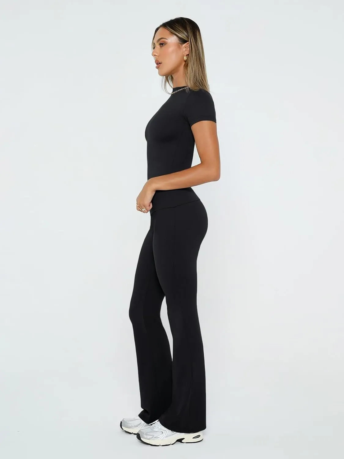Trendy Queen Lounge Sets For Women 2 Piece Casual Y2K Outfits Short Sleeve Cropped Tops Fold Over Flare Pants Tracksuits