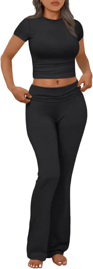 Trendy Queen Lounge Sets For Women 2 Piece Casual Y2K Outfits Short Sleeve Cropped Tops Fold Over Flare Pants Tracksuits