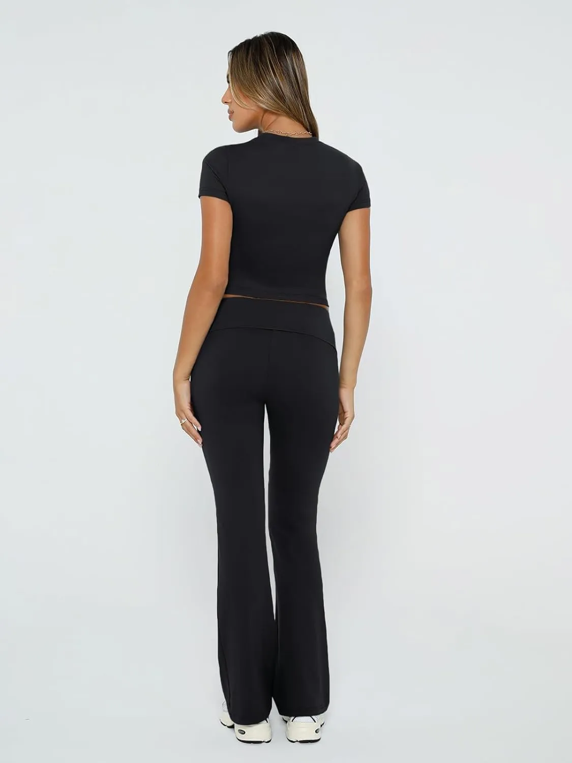 Trendy Queen Lounge Sets For Women 2 Piece Casual Y2K Outfits Short Sleeve Cropped Tops Fold Over Flare Pants Tracksuits