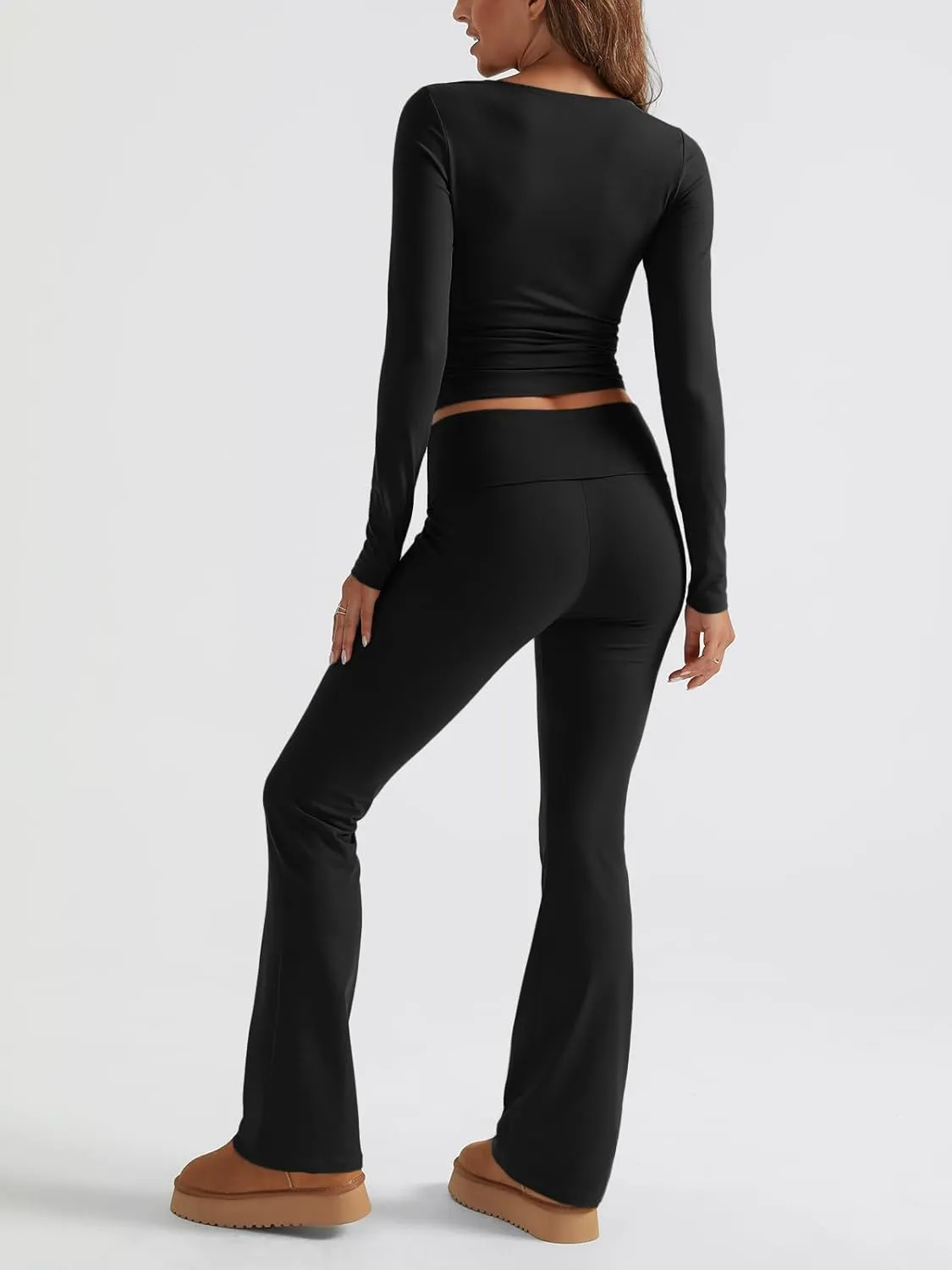 Trendy Queen Womens Two Piece Lounge Sets 2 Piece Fall Outfits Long Sleeve Square Neck Tops Flare Pants Tracksuits Clothes