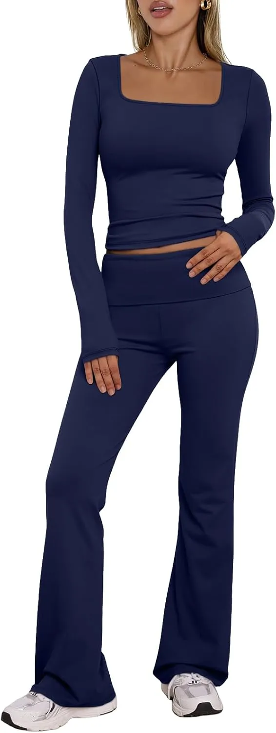 Trendy Queen Womens Two Piece Lounge Sets 2 Piece Fall Outfits Long Sleeve Square Neck Tops Flare Pants Tracksuits Clothes