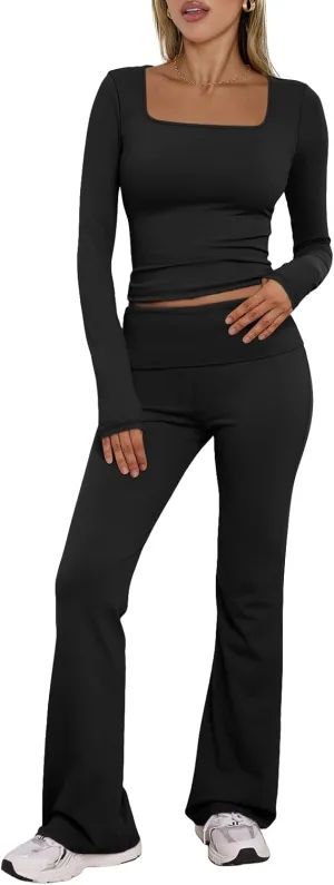 Trendy Queen Womens Two Piece Lounge Sets 2 Piece Fall Outfits Long Sleeve Square Neck Tops Flare Pants Tracksuits Clothes