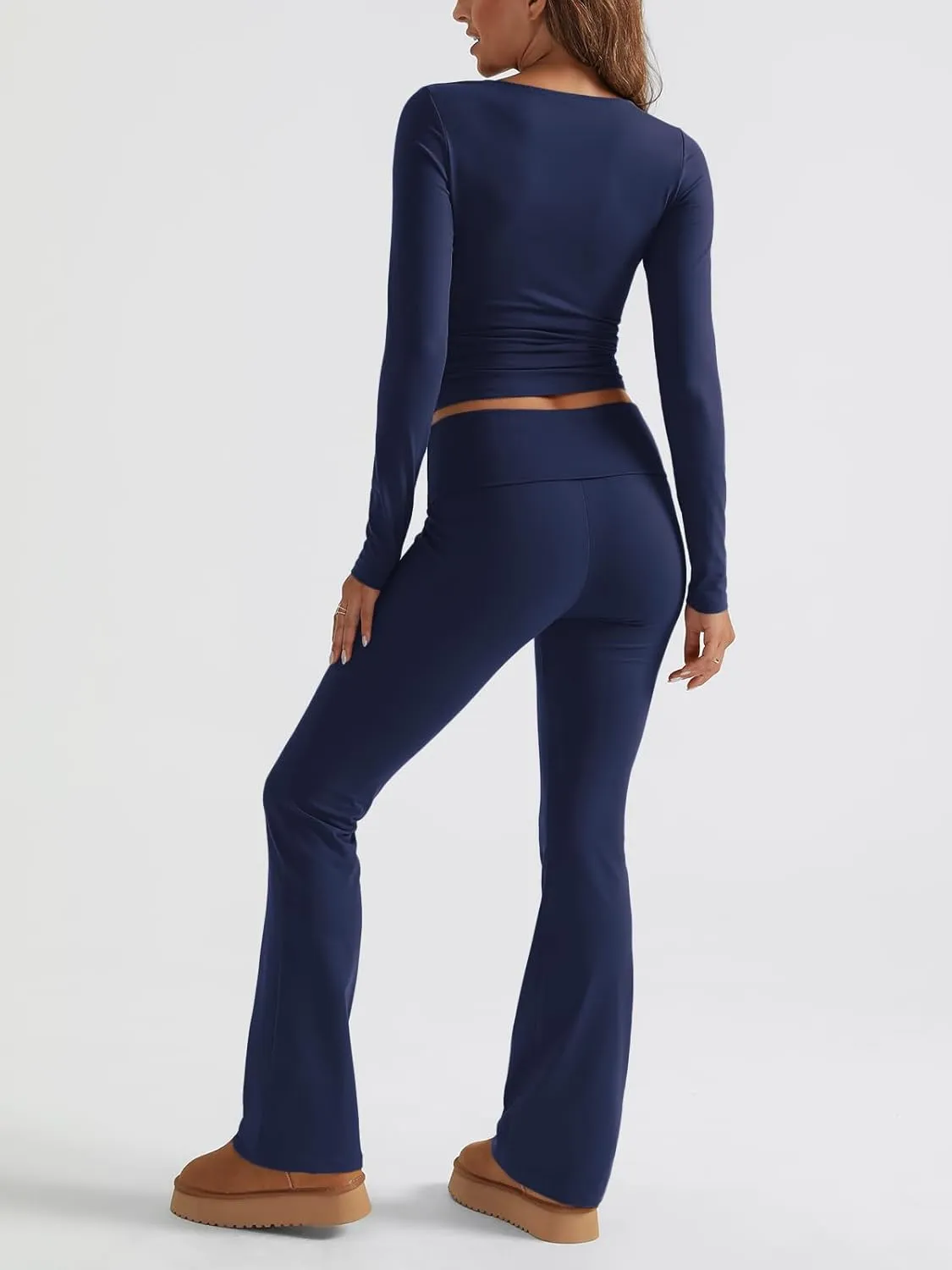 Trendy Queen Womens Two Piece Lounge Sets 2 Piece Fall Outfits Long Sleeve Square Neck Tops Flare Pants Tracksuits Clothes