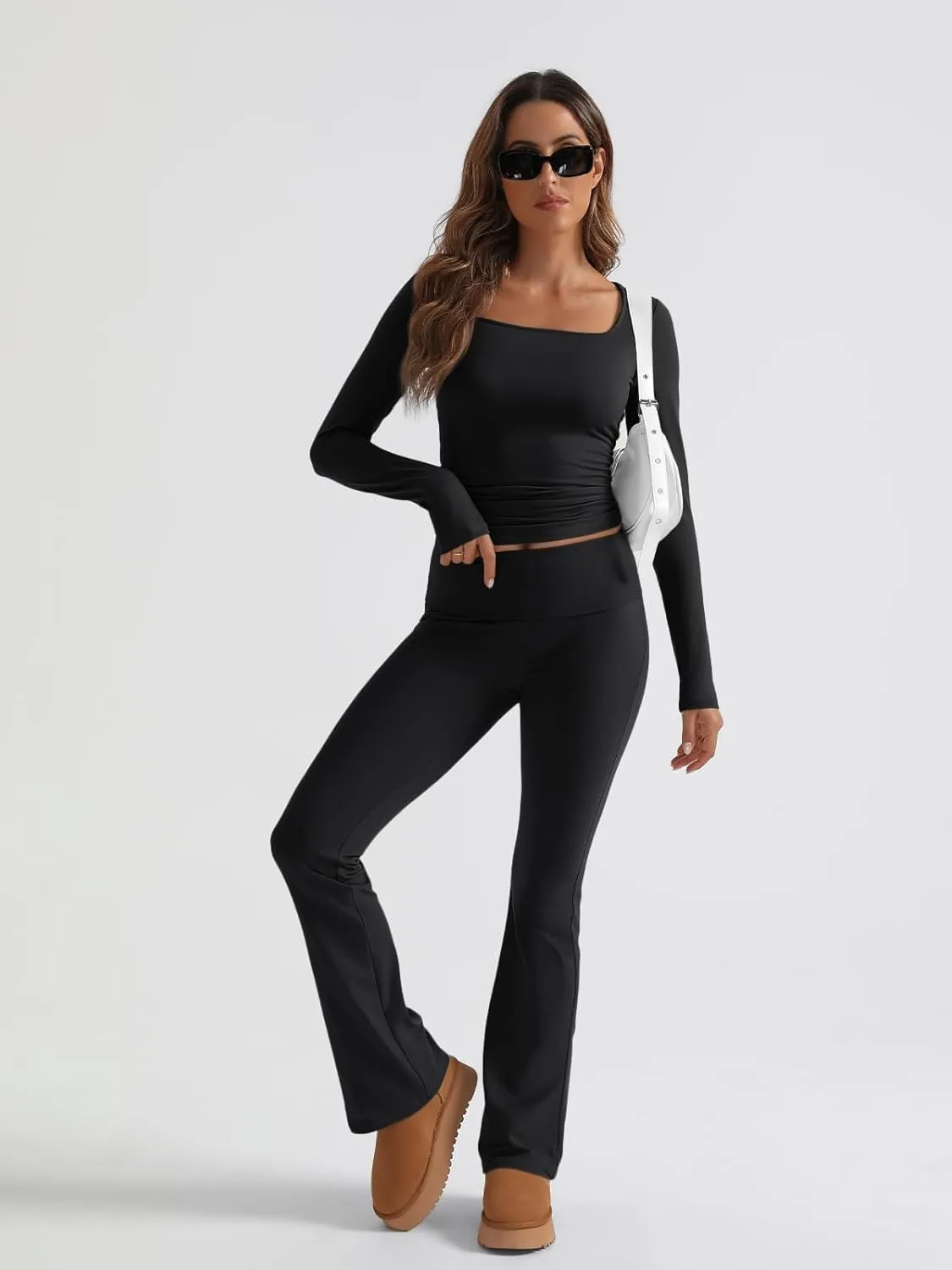Trendy Queen Womens Two Piece Lounge Sets 2 Piece Fall Outfits Long Sleeve Square Neck Tops Flare Pants Tracksuits Clothes