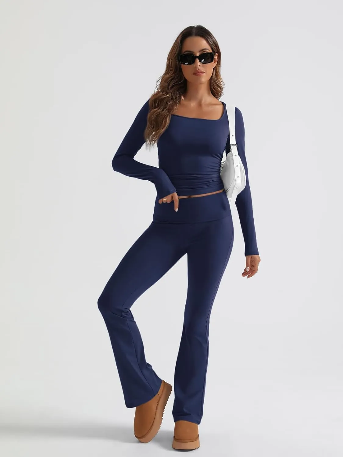 Trendy Queen Womens Two Piece Lounge Sets 2 Piece Fall Outfits Long Sleeve Square Neck Tops Flare Pants Tracksuits Clothes