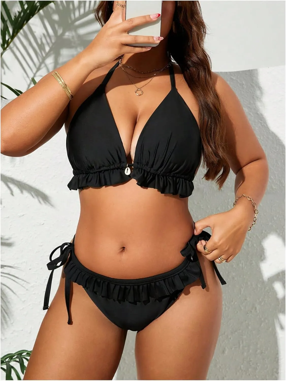 Verdusa Women's Plus Size 2 Piece String Bikini Set Ruffle Halter Triangle Backless Swimsuit