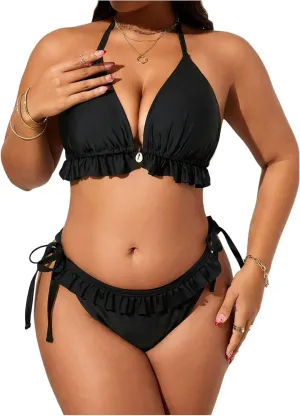 Verdusa Women's Plus Size 2 Piece String Bikini Set Ruffle Halter Triangle Backless Swimsuit