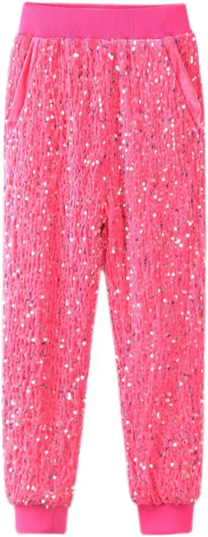 WELAKEN Girls Sequin Sweatpants Kid Sparkle Elastic Waist Dance Party Pants with Lining