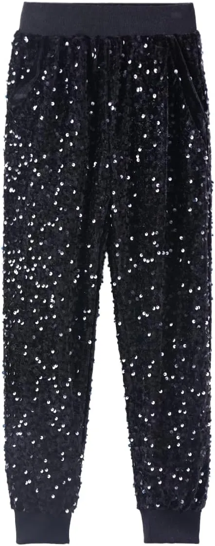 WELAKEN Girls Sequin Sweatpants Kid Sparkle Elastic Waist Dance Party Pants with Lining