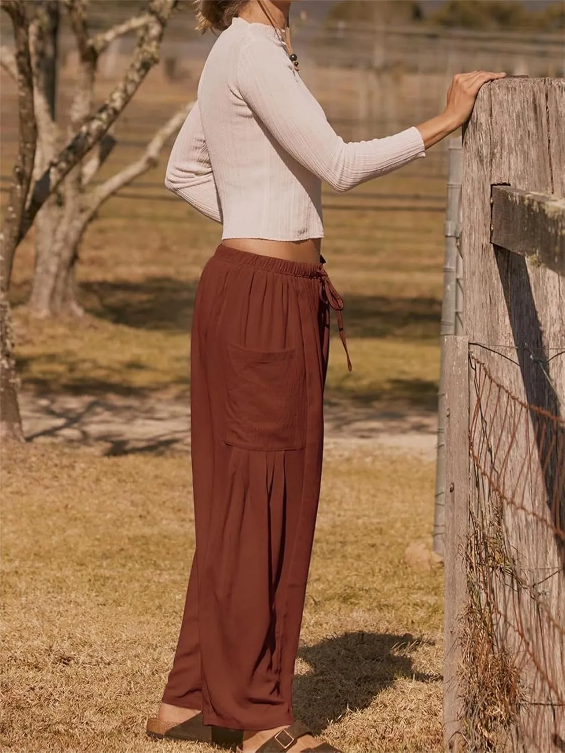 Wide Leg Pants for Women High Waist Drawstring Palazzo Pants Summer Casual Beach Harem Pants Trousers with Pockets
