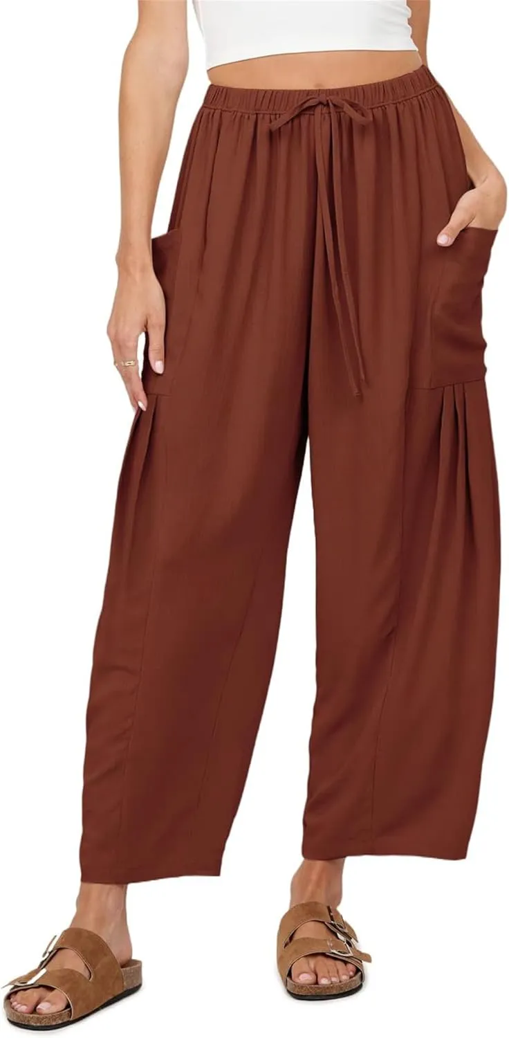 Wide Leg Pants for Women High Waist Drawstring Palazzo Pants Summer Casual Beach Harem Pants Trousers with Pockets