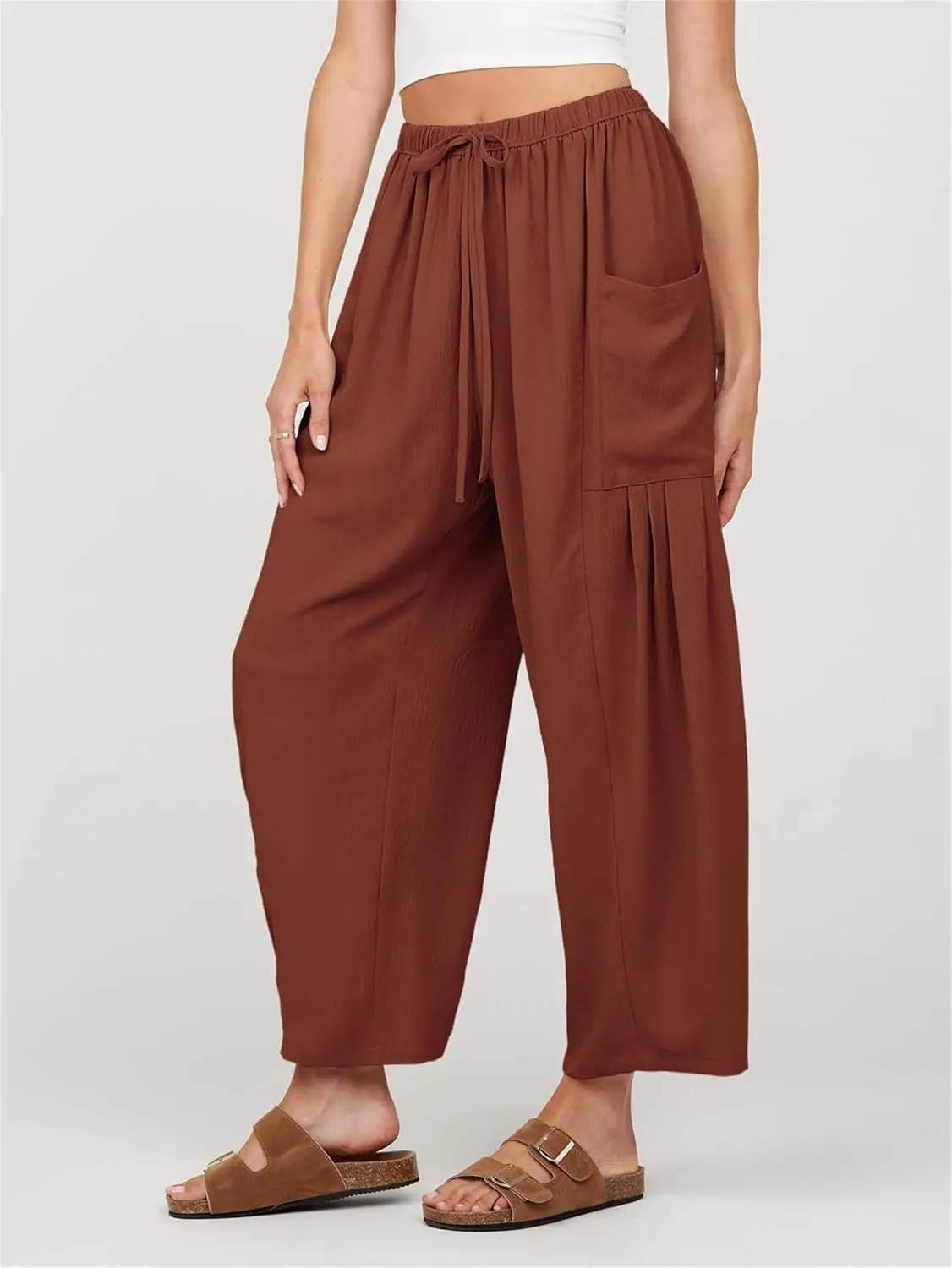 Wide Leg Pants for Women High Waist Drawstring Palazzo Pants Summer Casual Beach Harem Pants Trousers with Pockets