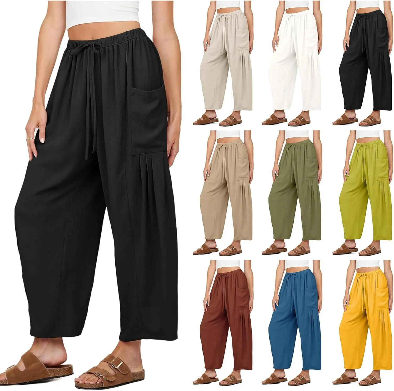 Wide Leg Pants for Women High Waist Drawstring Palazzo Pants Summer Casual Beach Harem Pants Trousers with Pockets