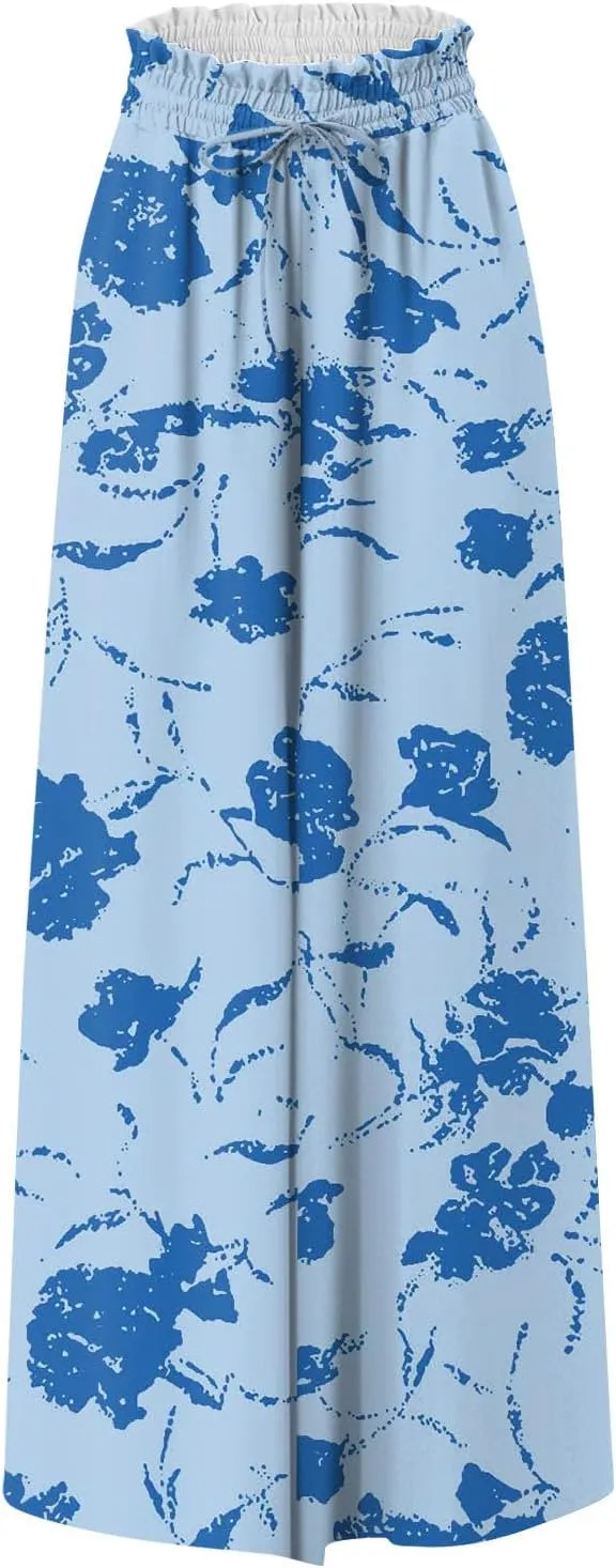 Wide Leg Pants Woman Summer Boho Palazzo Pants Drawstring Elastic High Waist Floral Print Pocket Beach Lounge Pants