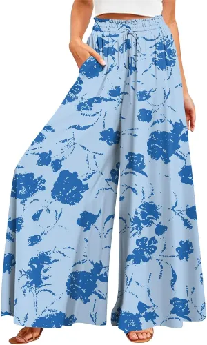 Wide Leg Pants Woman Summer Boho Palazzo Pants Drawstring Elastic High Waist Floral Print Pocket Beach Lounge Pants
