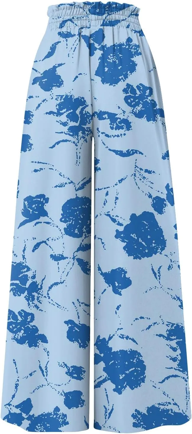 Wide Leg Pants Woman Summer Boho Palazzo Pants Drawstring Elastic High Waist Floral Print Pocket Beach Lounge Pants