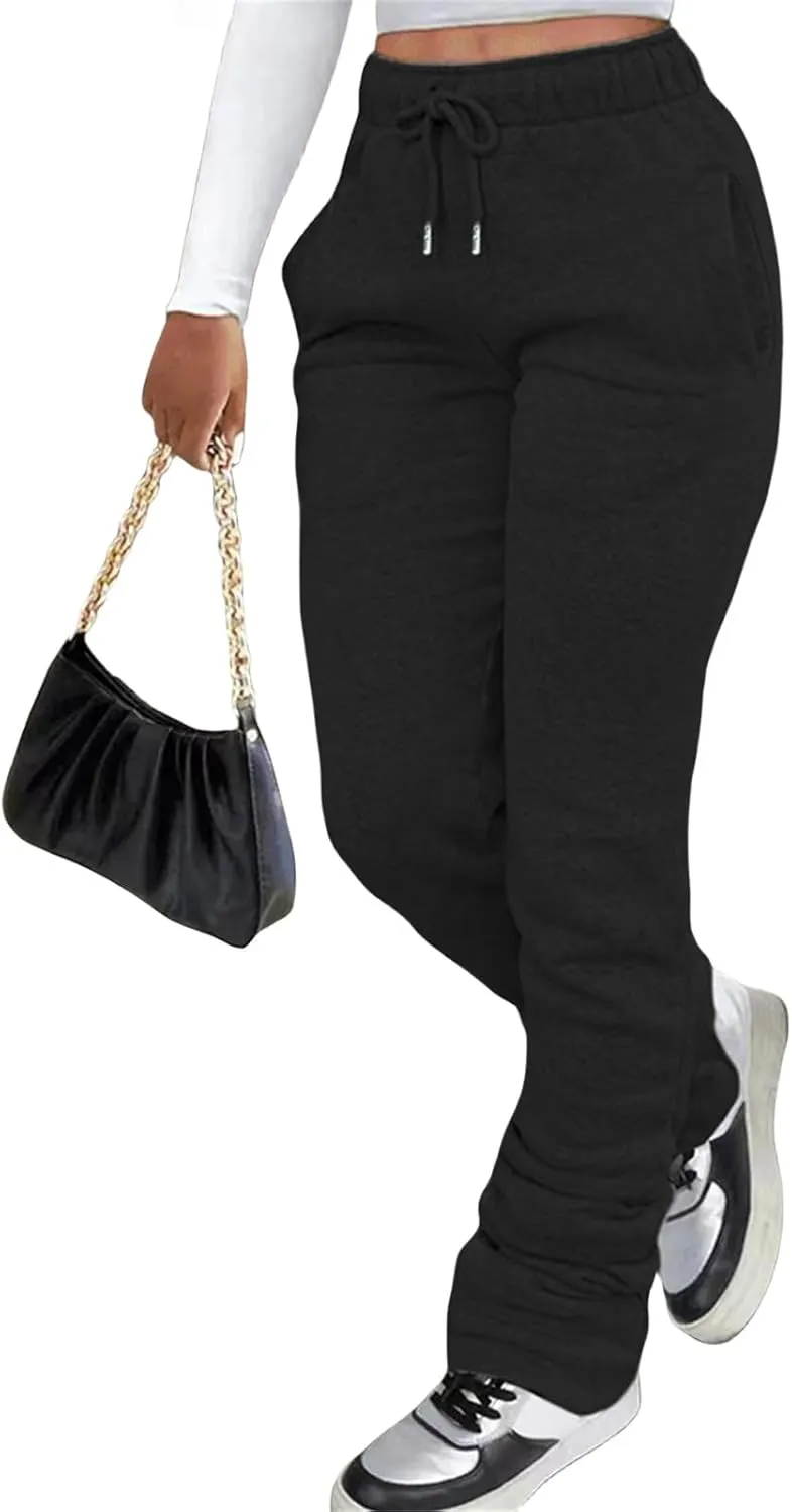 Winter High Waisted Sweatpants for Women Casual Baggy Drawstring Jogger Sweat Pants Workout Pile Pants with Pockets