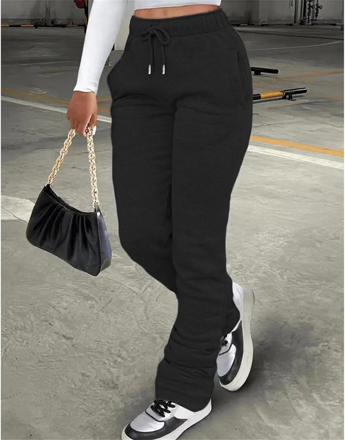 Winter High Waisted Sweatpants for Women Casual Baggy Drawstring Jogger Sweat Pants Workout Pile Pants with Pockets