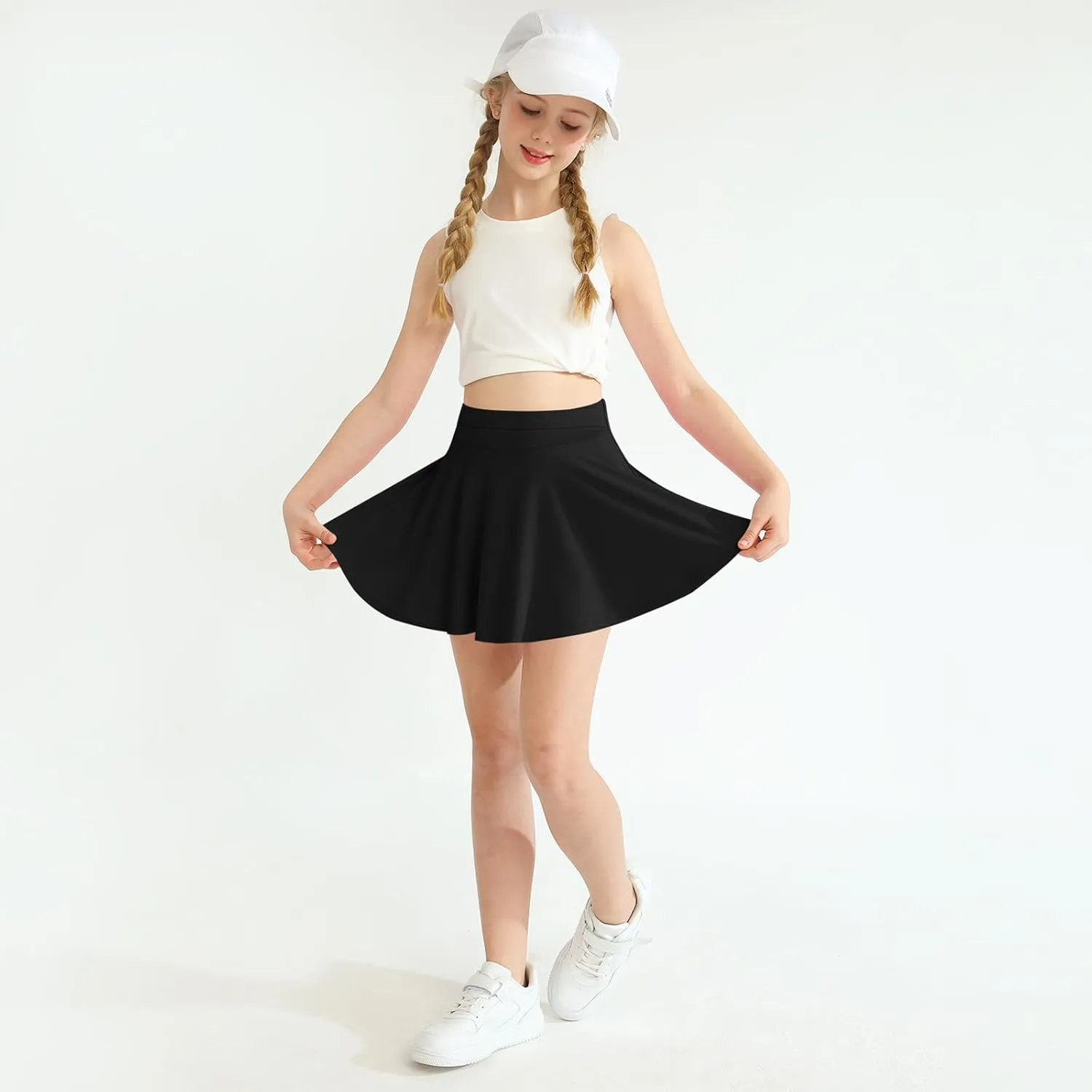 WISREMT Girls Flowy Skirt Athletic Shorts High Waist Tennis Skirt with Spandex Liner and Pocket 2 in 1 Cheer Golf Skort