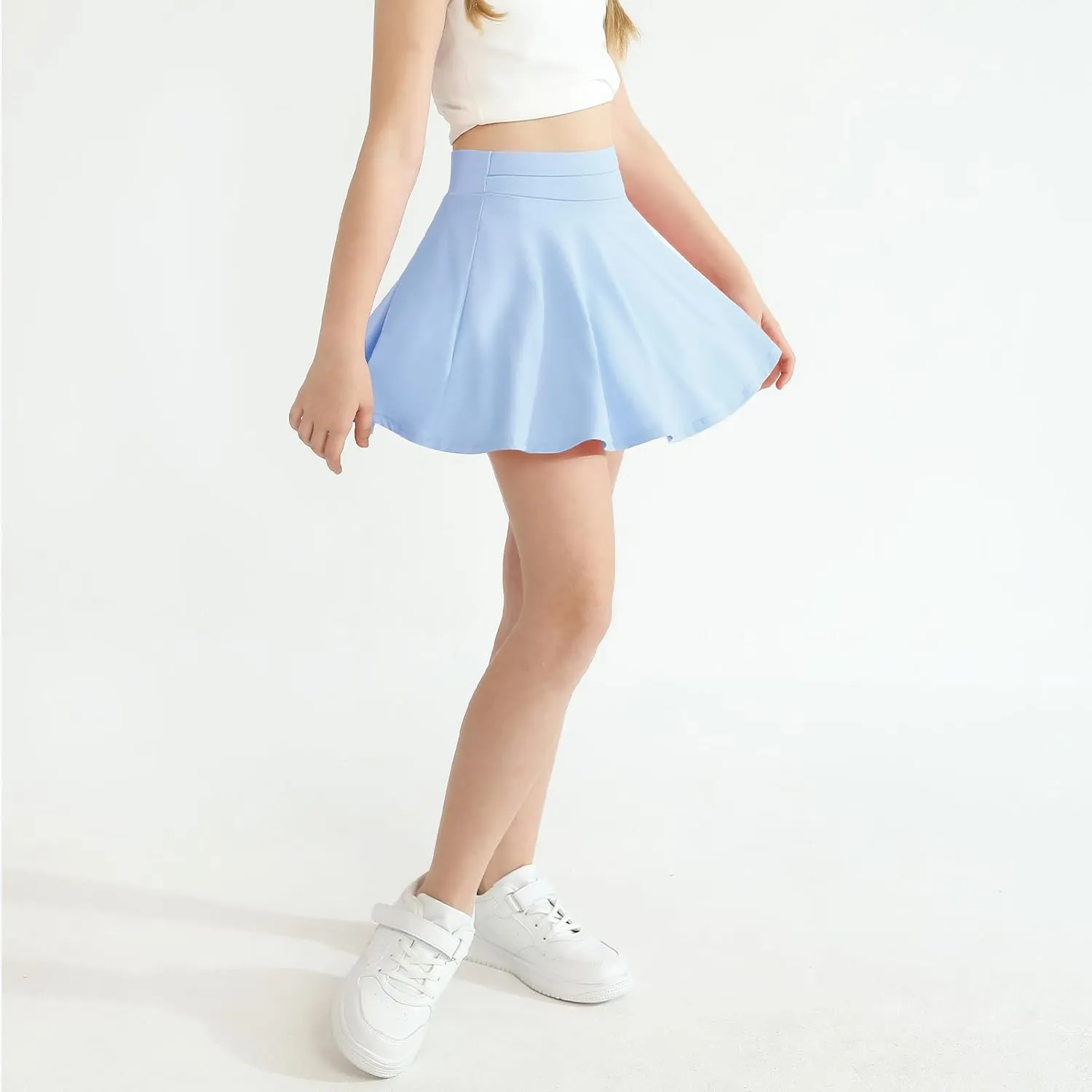 WISREMT Girls Flowy Skirt Athletic Shorts High Waist Tennis Skirt with Spandex Liner and Pocket 2 in 1 Cheer Golf Skort