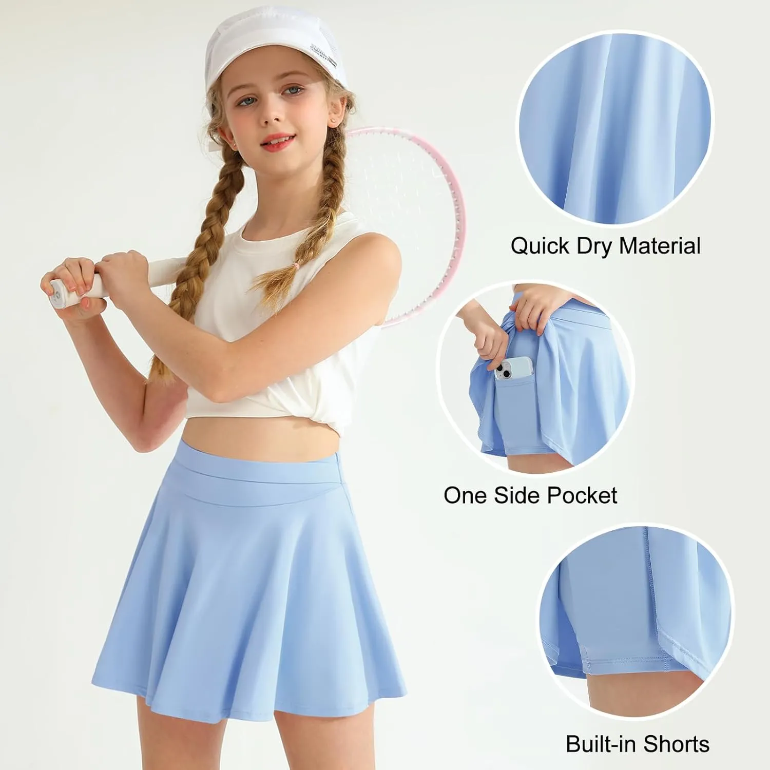 WISREMT Girls Flowy Skirt Athletic Shorts High Waist Tennis Skirt with Spandex Liner and Pocket 2 in 1 Cheer Golf Skort