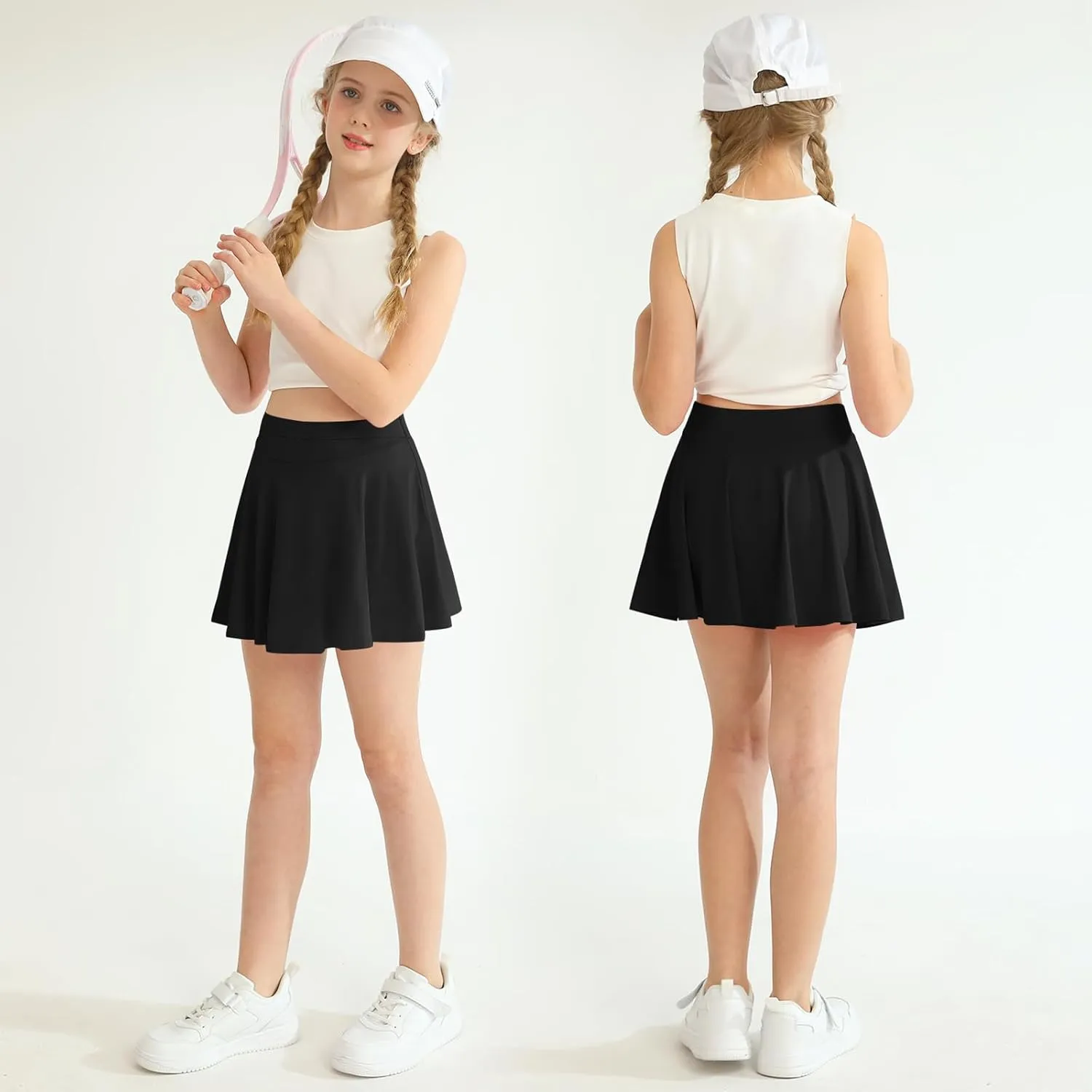 WISREMT Girls Flowy Skirt Athletic Shorts High Waist Tennis Skirt with Spandex Liner and Pocket 2 in 1 Cheer Golf Skort