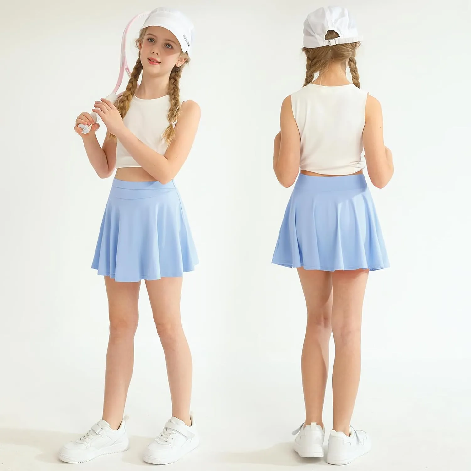 WISREMT Girls Flowy Skirt Athletic Shorts High Waist Tennis Skirt with Spandex Liner and Pocket 2 in 1 Cheer Golf Skort