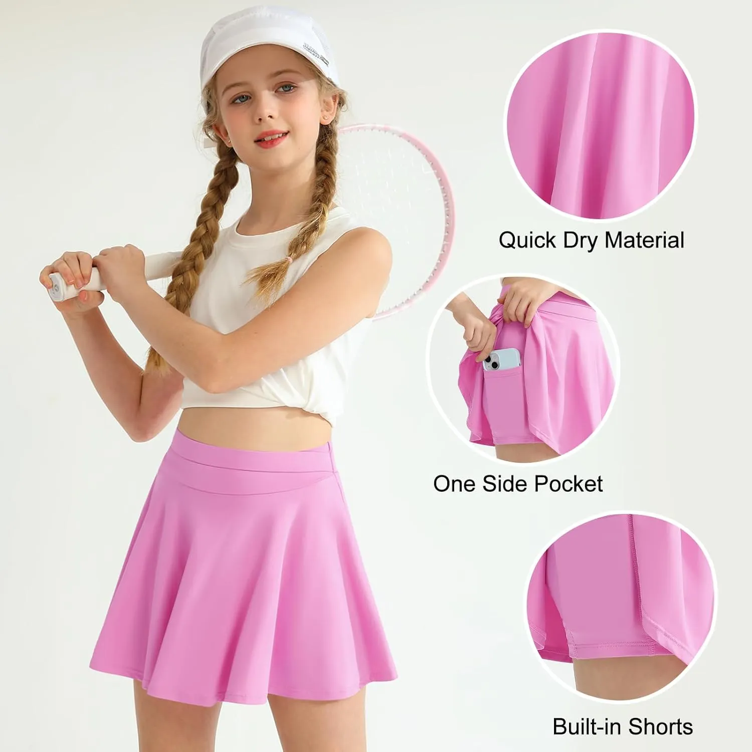 WISREMT Girls Flowy Skirt Athletic Shorts High Waist Tennis Skirt with Spandex Liner and Pocket 2 in 1 Cheer Golf Skort