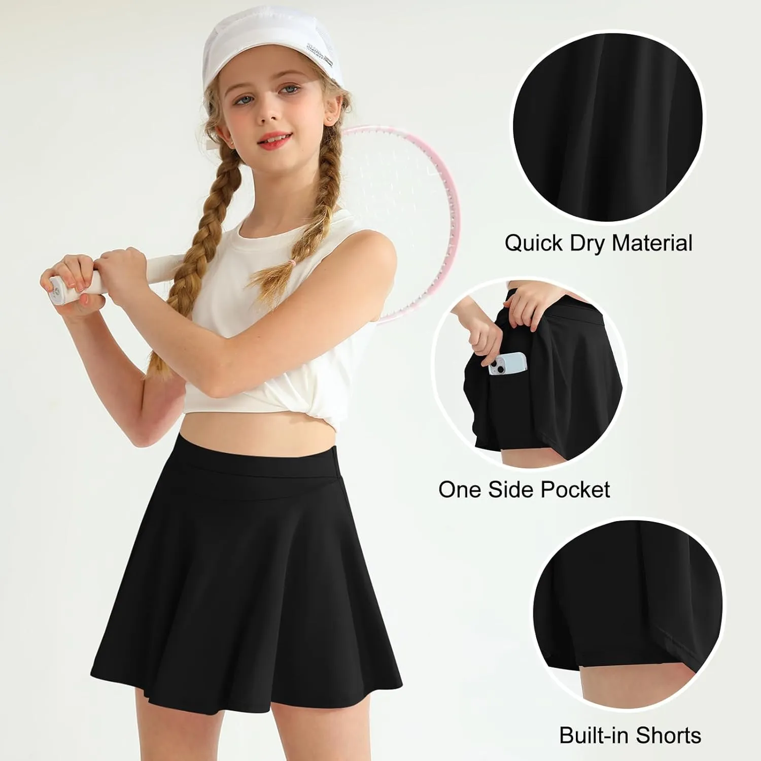 WISREMT Girls Flowy Skirt Athletic Shorts High Waist Tennis Skirt with Spandex Liner and Pocket 2 in 1 Cheer Golf Skort
