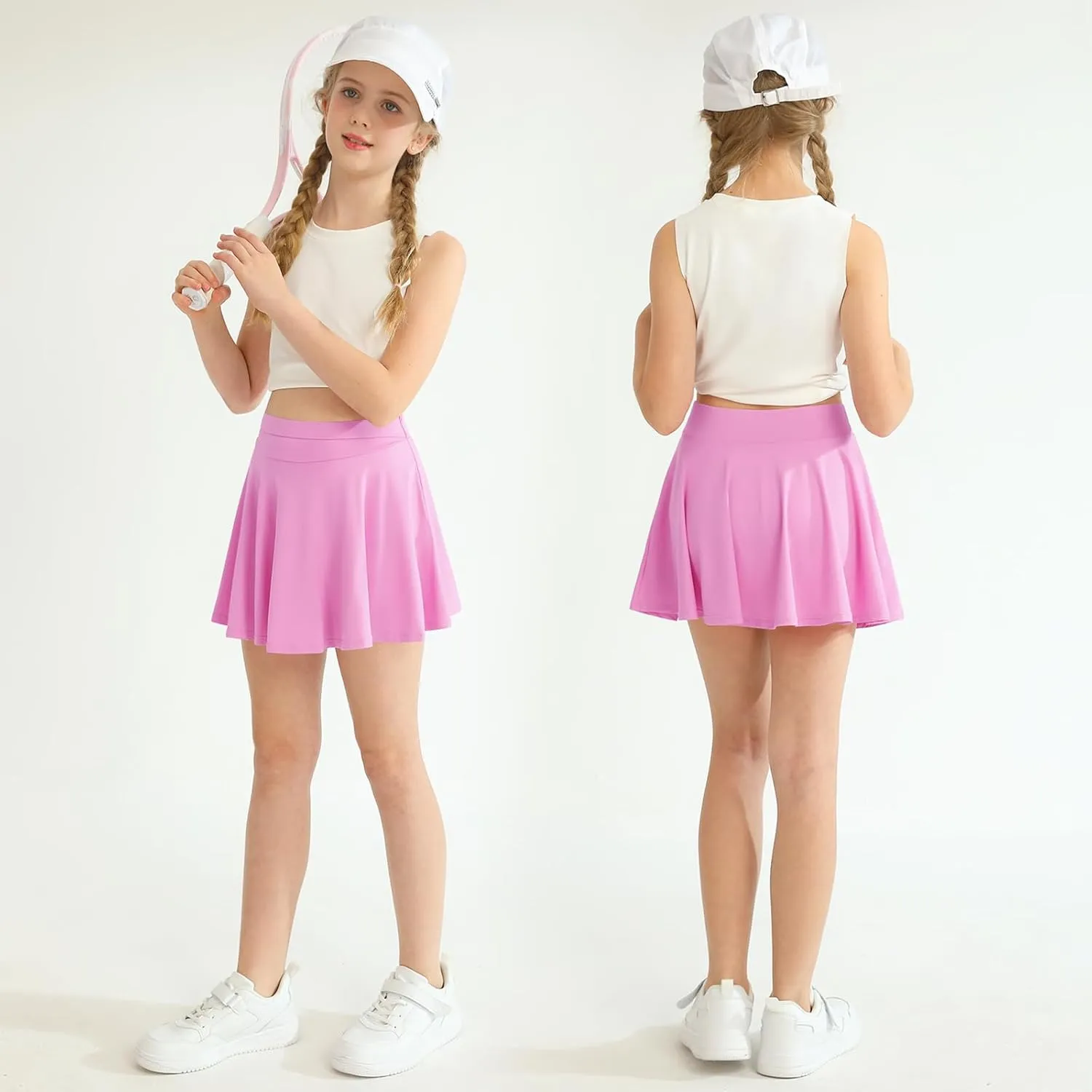WISREMT Girls Flowy Skirt Athletic Shorts High Waist Tennis Skirt with Spandex Liner and Pocket 2 in 1 Cheer Golf Skort