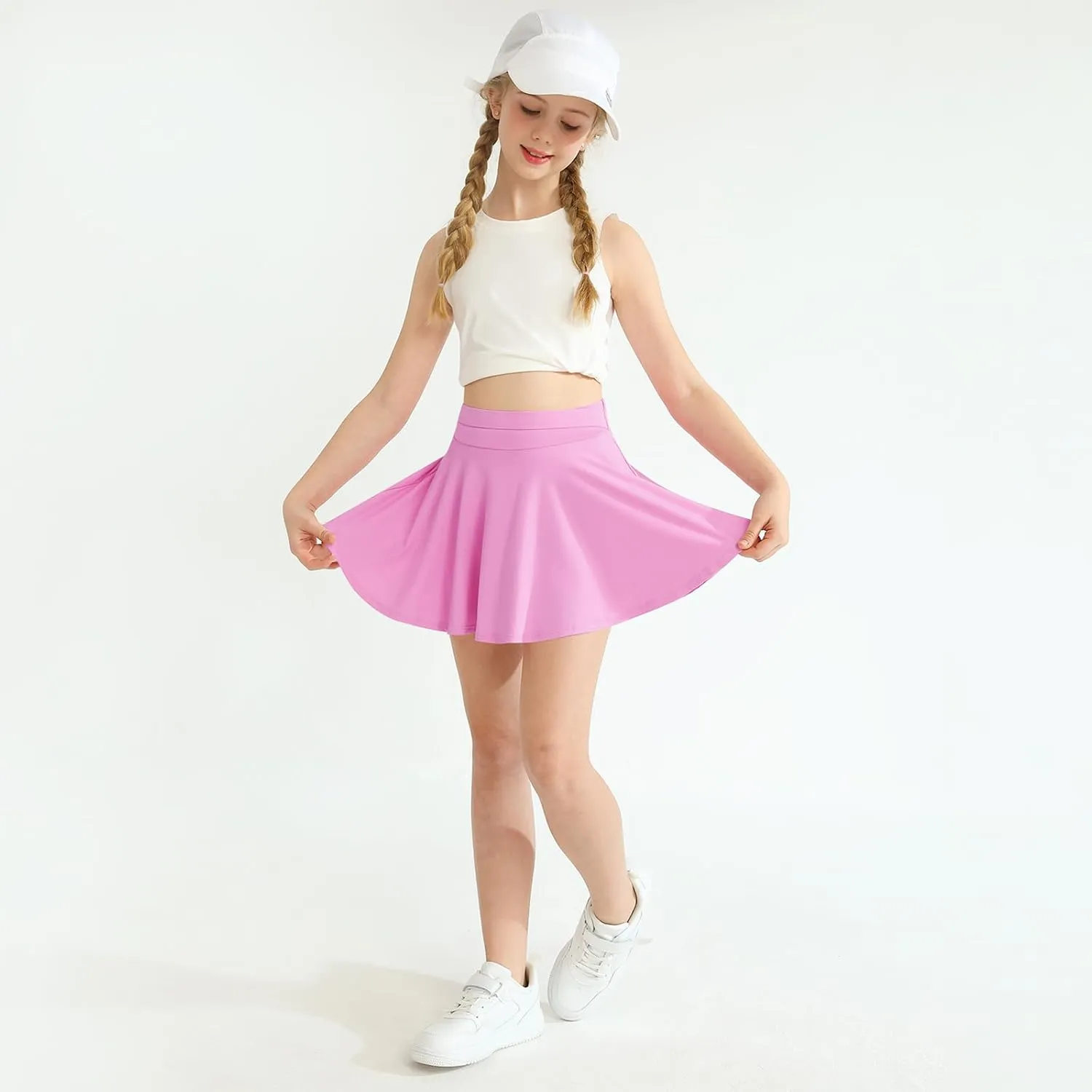WISREMT Girls Flowy Skirt Athletic Shorts High Waist Tennis Skirt with Spandex Liner and Pocket 2 in 1 Cheer Golf Skort