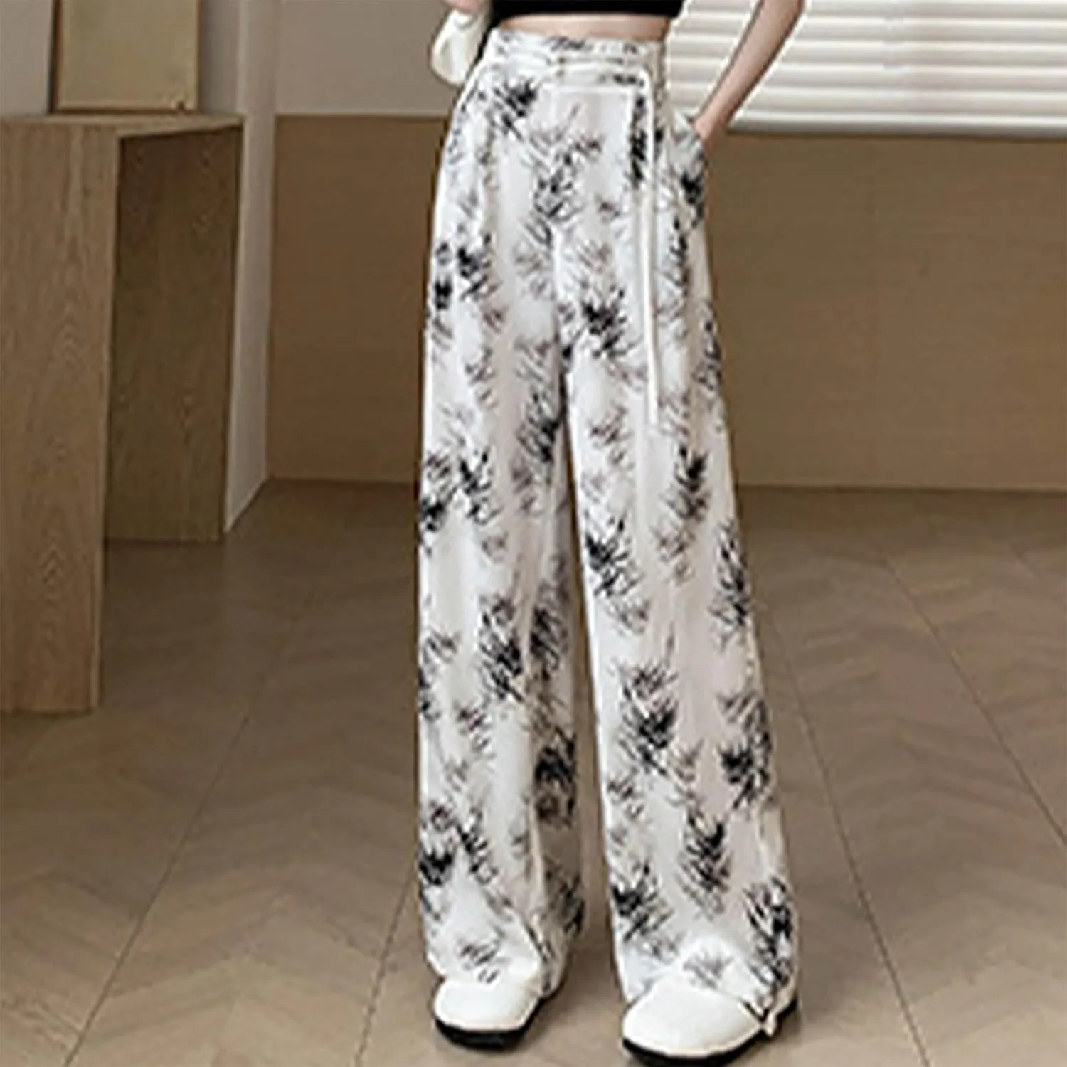Women Chinese Style Wide Leg Pants Chinese Frog Button Drawstring High Waist Trouser Vintage Print Casual Flowy Pant