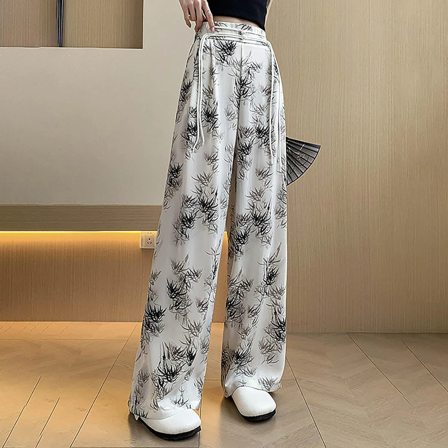 Women Chinese Style Wide Leg Pants Chinese Frog Button Drawstring High Waist Trouser Vintage Print Casual Flowy Pant