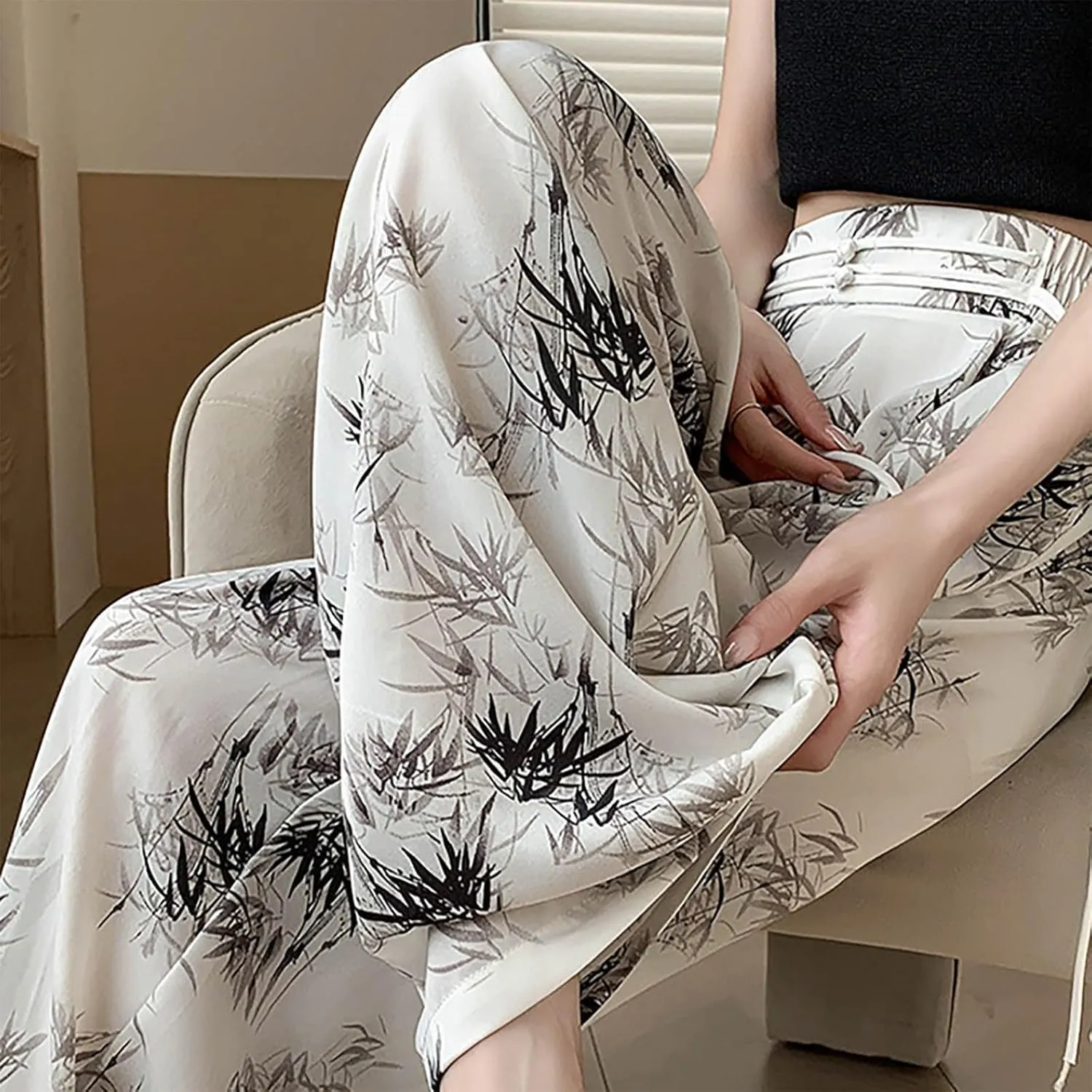 Women Chinese Style Wide Leg Pants Chinese Frog Button Drawstring High Waist Trouser Vintage Print Casual Flowy Pant
