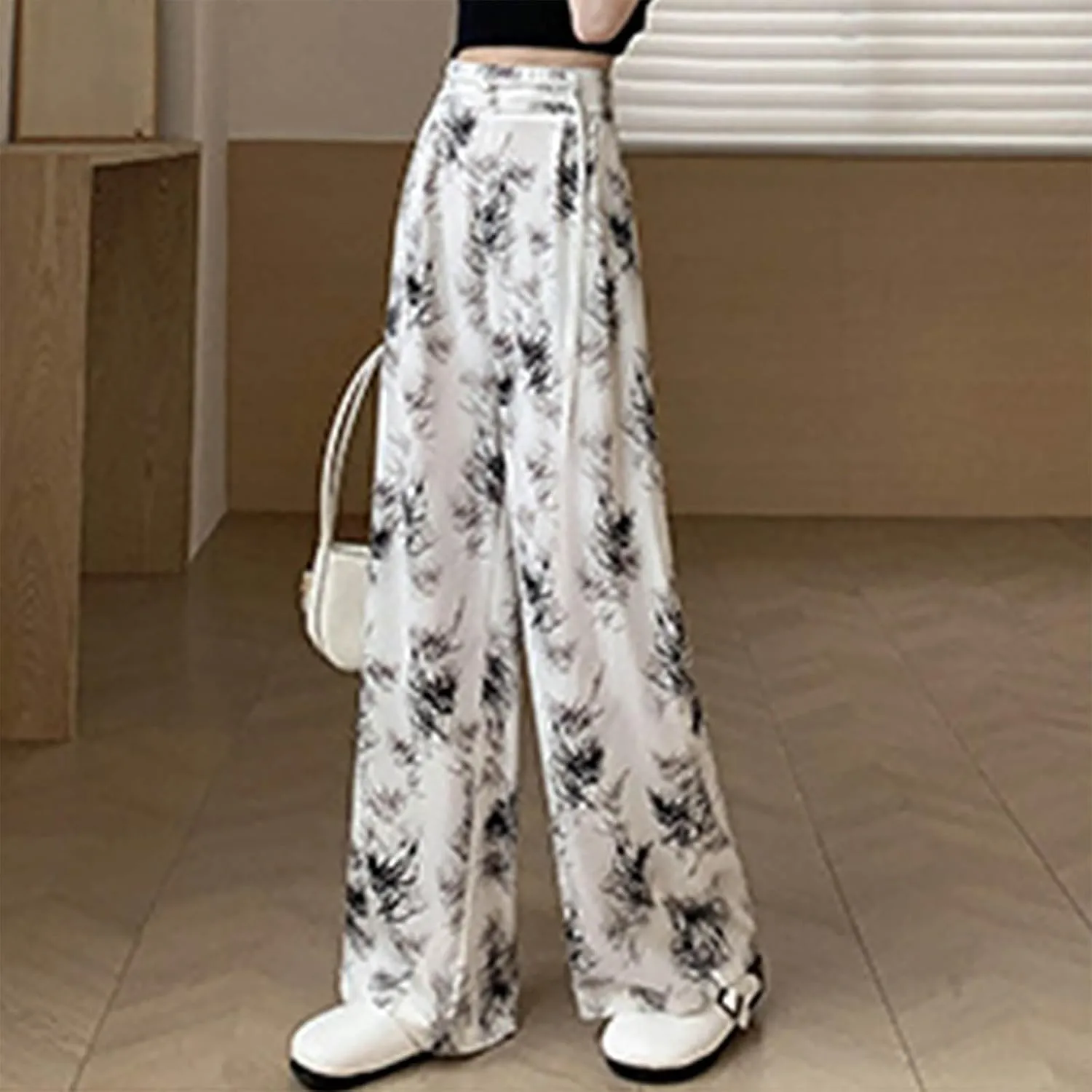 Women Chinese Style Wide Leg Pants Chinese Frog Button Drawstring High Waist Trouser Vintage Print Casual Flowy Pant