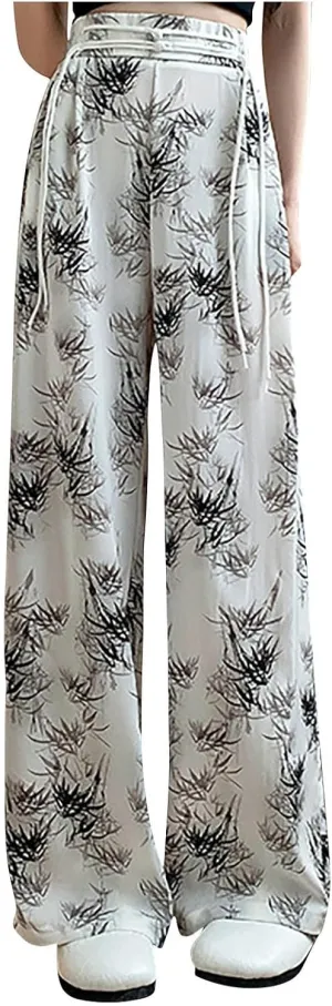 Women Chinese Style Wide Leg Pants Chinese Frog Button Drawstring High Waist Trouser Vintage Print Casual Flowy Pant