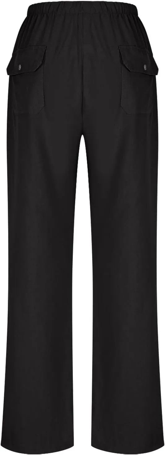 Women Cotton Linen All Match Casual Pants, Summer Drawstring Wide Leg Trousers Going Out Vacation Clothes with Pockets