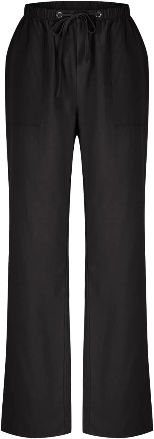 Women Cotton Linen All Match Casual Pants, Summer Drawstring Wide Leg Trousers Going Out Vacation Clothes with Pockets