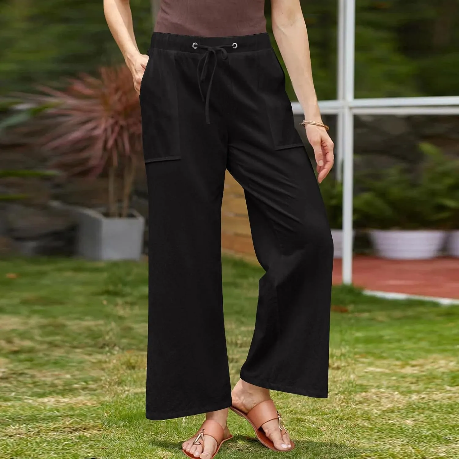 Women Cotton Linen All Match Casual Pants, Summer Drawstring Wide Leg Trousers Going Out Vacation Clothes with Pockets