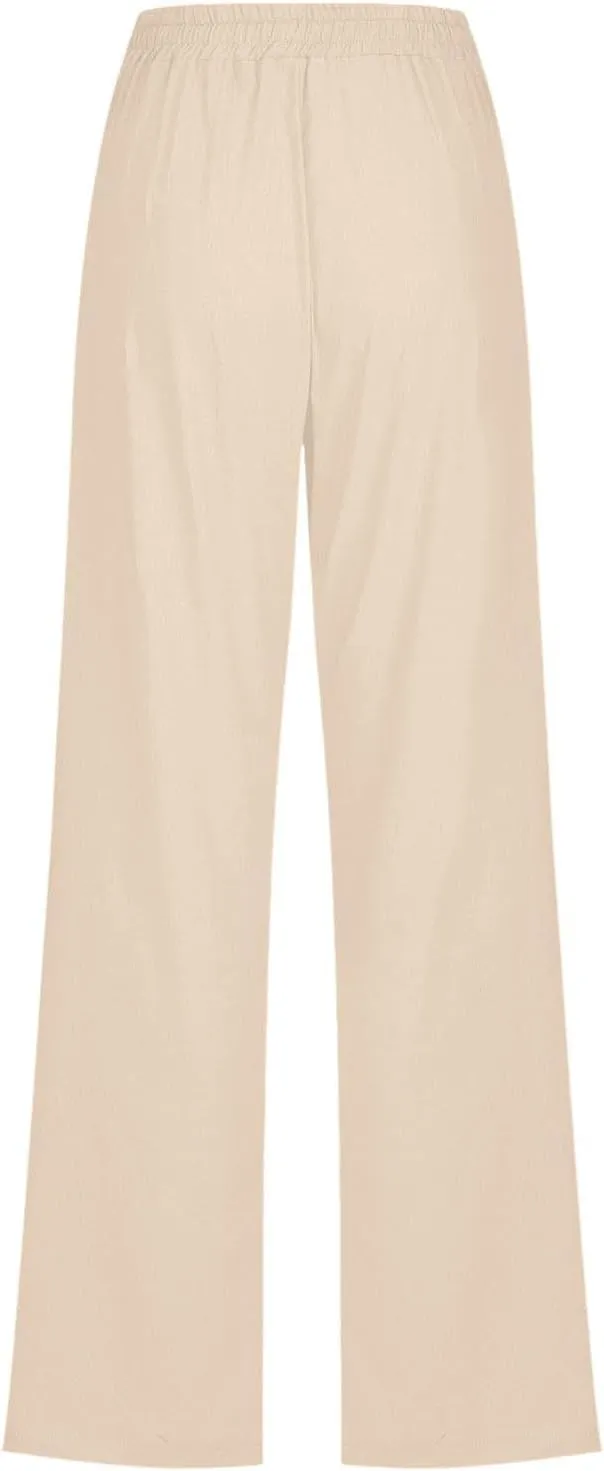 Women Cotton Linen Pants Casual Summer High Waist Drawstring Straight Leg Trousers Relax Fit Lightweight Sport Pants