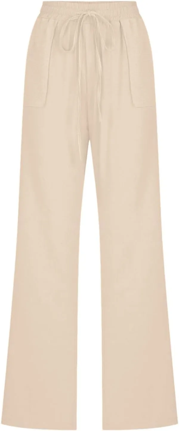 Women Cotton Linen Pants Casual Summer High Waist Drawstring Straight Leg Trousers Relax Fit Lightweight Sport Pants