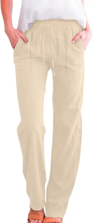 Women Cotton Linen Pants Casual Summer High Waist Drawstring Straight Leg Trousers Relax Fit Lightweight Sport Pants